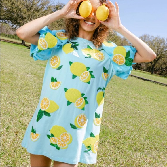 Dresses & Skirts - Queen of Sparkles Lemon Print Blue Dress - M